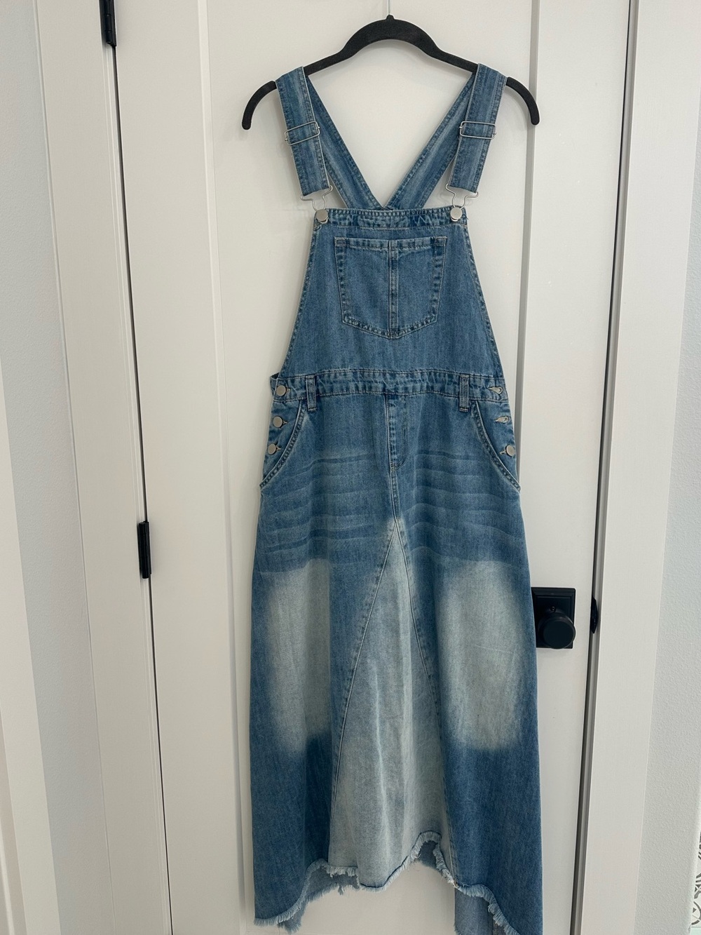 Classic Washed Denim Maxi Overall Dress - Blue